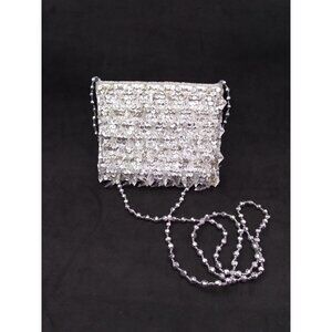 Vtg. La Regale Formal Clear Faux Crystal Bead Silver Gold sequined Hand Bag READ